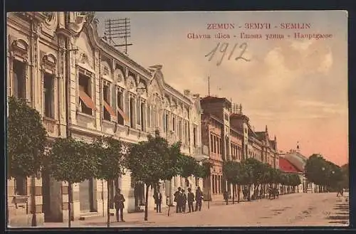 AK Zemun, Strassenpartie mit Passanten und Baumreihe