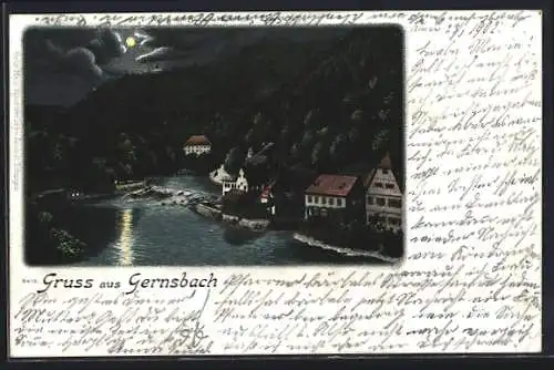 Lithographie Gernsbach, Ortspartie bei Vollmond aus der Vogelschau
