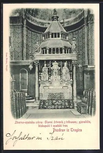 AK Trogira, Zborno-opatska crkva, Glavni zrtvenik s tribunom: pjevaliste biskupski i opatski tron