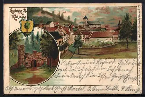 Lithographie Homburg / Pfalz, Teilansicht mit Karlsberg, Burg