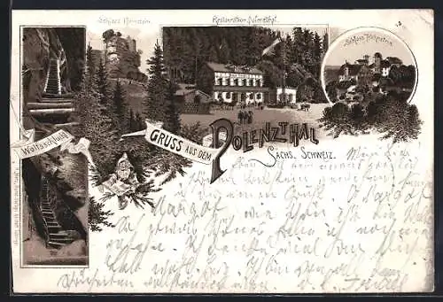 Lithographie Polenz / Sächs. Schweiz, Wolfsschlucht, Restauration Polenzthal, Schloss Hohnstein