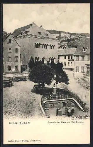 AK Gelnhausen, Romanisches Haus und Reis-Denkmal