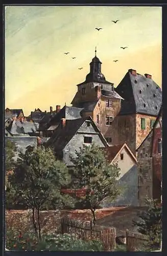 Künstler-AK Limburg / Lahn, Häuserpartie im Licht des späten Nachmittags