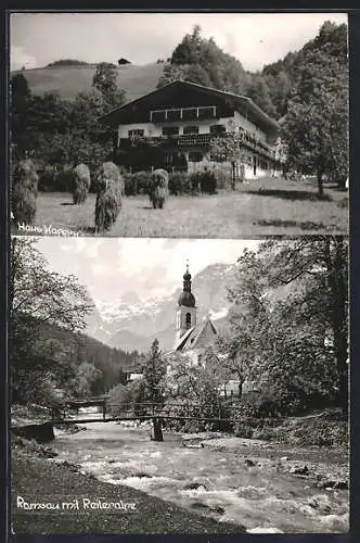 AK Ramsau / Berchtesgaden, Haus Kapern, Kirche vom Fluss, im Hintergrund die Reiteralpe