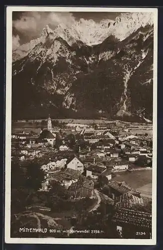 AK Mittenwald, Ortsansicht gegen Karwendel