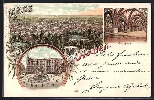 Lithographie Aachen, Rathaus, Krönungssaal, Ortsansicht