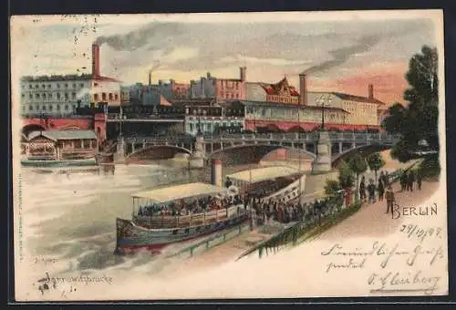 Lithographie Berlin, Jannowitzbrücke mit Ausflugsdampfer