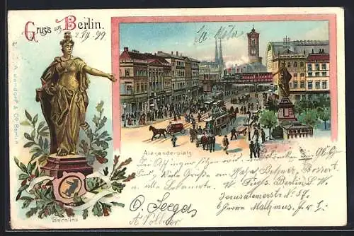 Lithographie Berlin, Alexanderplatz mit Denkkmal, Berolina