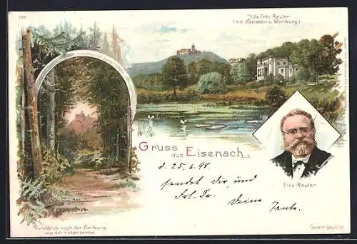 Lithographie Eisenach, Villa Fritz Reuter, Blick auf die Wartburg