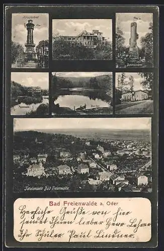 AK Bad Freienwalde a. Oder, Totalansicht, Königshöhe, Papenmühle und Kriegerdenkmal