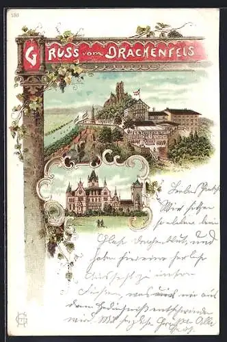 Lithographie Drachenfels, Schloss mit Gasthaus