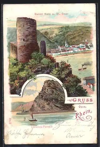 Lithographie St. Goar, Ortsansicht mit Ruine Katz, Loreley-Felsen