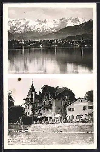 AK Seeshaupt am Starnbergersee, Ortsansicht gegen die Berge, Hotel am See