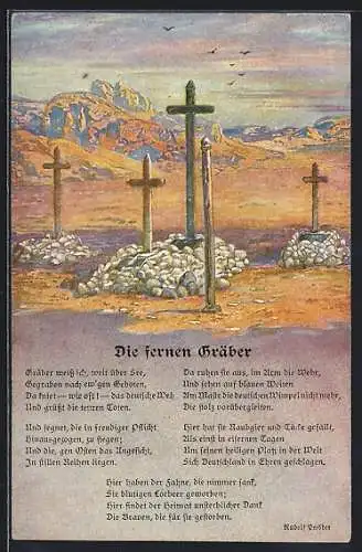 Künstler-AK Kriegsgräber mit Kreuzen in einer sonnigen kargen Landschaft, Gedicht