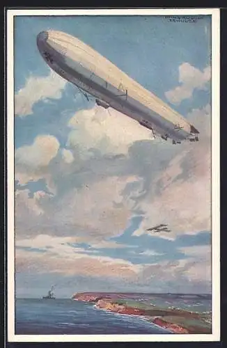 Künstler-AK Hans Rudolf Schulze: Zeppelin auf Wacht an der deutschen Ostseeküste