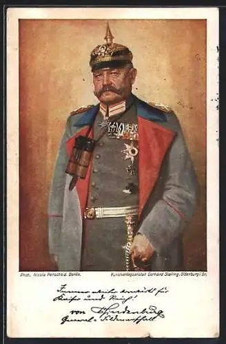 AK Paul von Hindenburg mit Pickelhaube und Feldstecher