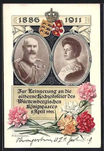 AK Das Württembergische Königspaar, Silber-Hochzeit, 8.4.1911, Nelken, 1886-1911