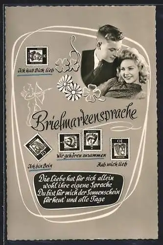 AK Briefmarkensprache: Hab mich lieb & Ich bin Dein, Liebespaar