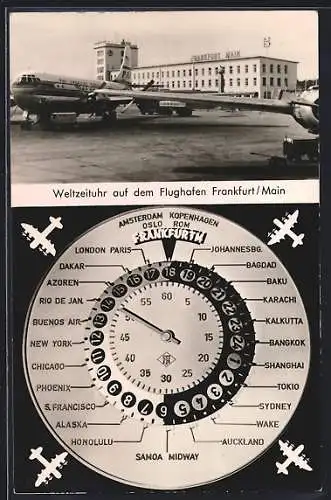 AK Frankfurt a/M, Weltzeituhr auf dem Flughafen, Pan Am-Flugzeug