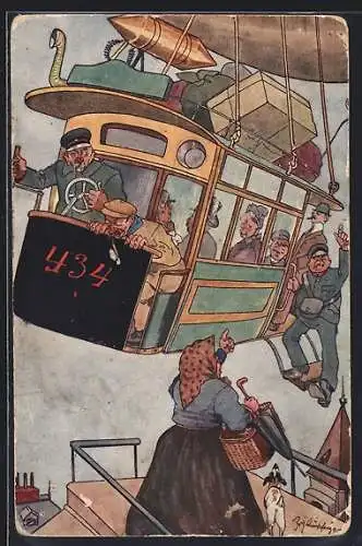 Künstler-AK Fritz Schönpflug: Zeppelin als öffentliches Verkehrsmittel, zusteigende Marktfrau