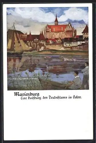 Künstler-AK Marienburg, Ortsansicht vom anderen Flussufer