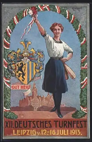 AK Leipzig, XII. Deutsches Turnfest 1913, Herzlich Willkommen, Wappen, Turnerin mit Kegel