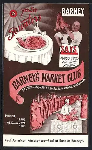 AK Fleischer in seinem Geschäft mit Schweinehälften, Reklame für Barney`s Market Club