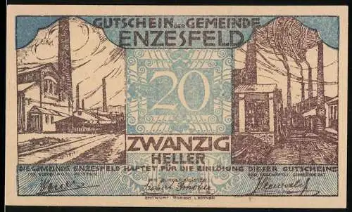 Notgeld Enzesfeld 1920, 20 Heller, Industriegebäude und Bäume