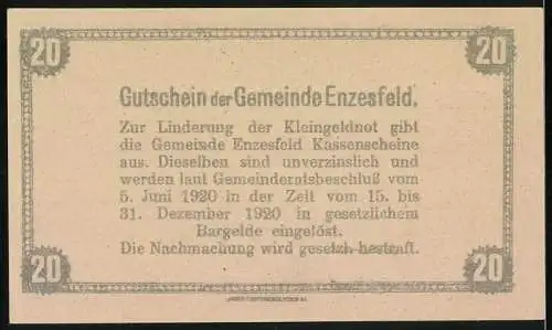 Notgeld Enzesfeld 1920, 20 Heller, Industriegebäude und Bäume