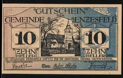 Notgeld Enzesfeld 1920, 10 Heller, Kirche und Bäume, Seriennummer und Signaturen