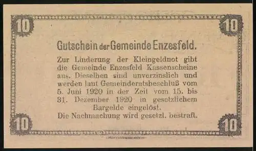 Notgeld Enzesfeld 1920, 10 Heller, Kirche und Bäume, Seriennummer und Signaturen