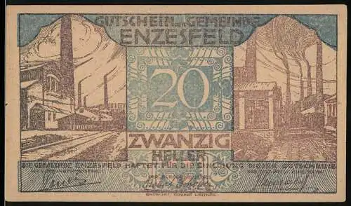 Notgeld Enzesfeld 1920, 20 Heller, Fabrikgebäude mit Schornsteinen und Rauch, Gutschein der Gemeinde Enzesfeld