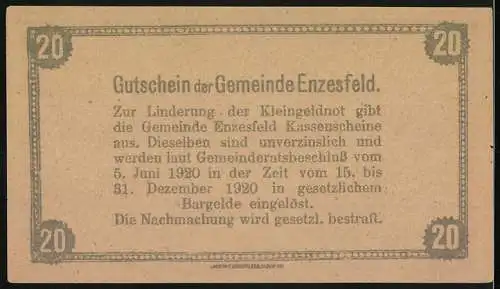 Notgeld Enzesfeld 1920, 20 Heller, Fabrikgebäude mit Schornsteinen und Rauch, Gutschein der Gemeinde Enzesfeld