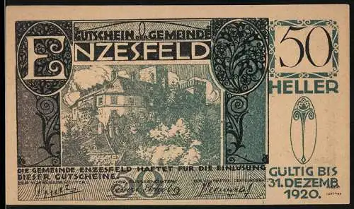 Notgeld Enzesfeld 1920, 50 Heller, Burgansicht mit dekorativem Rahmen