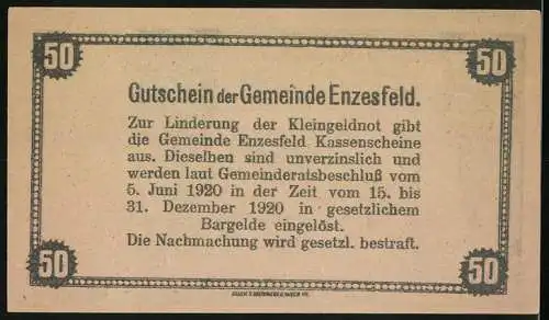 Notgeld Enzesfeld 1920, 50 Heller, Burgansicht mit dekorativem Rahmen