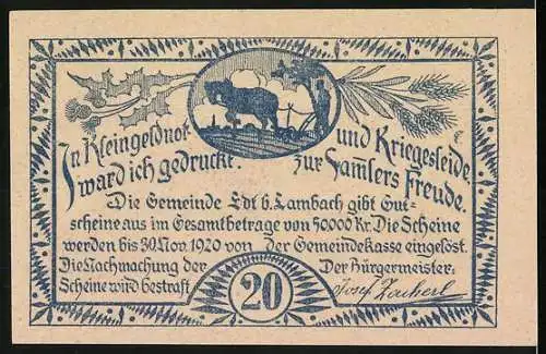 Notgeld Edt bei Lambach 1920, 20 Heller, Lokomobil treibt Dreschmaschine an