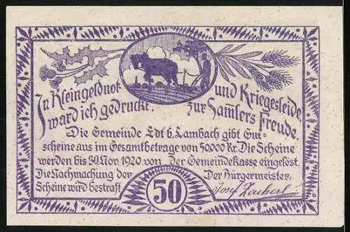 Notgeld Edt bei Lambach 1920, 50 Heller, Pferd mit Wagen vor Gebäude, Landschaft mit Pflug und Pflanze