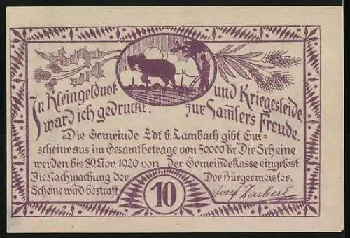 Notgeld Edt bei Lambach 1920, 10 Heller, Trachtenpaare und Pferdepflug