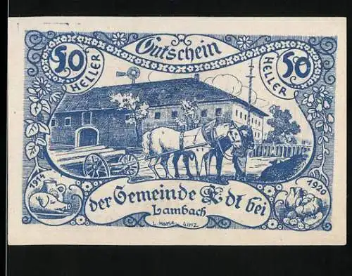 Notgeld Edt bei Lambach 1920, 50 Heller, Pferdefuhrwerk vor Gebäude, Landschaft mit Eber