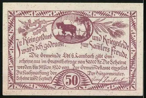 Notgeld Edt bei Lambach 1920, 50 Heller, Pferdefuhrwerk vor Gebäude, Landschaft mit Eber