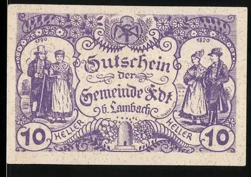 Notgeld Edt bei Lambach 1920, 10 Heller, Trachtenpaare und Kuhmotiv, Seriennummer und Wappen vorhanden