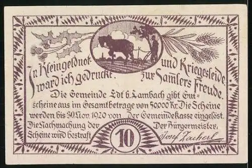 Notgeld Edt bei Lambach 1920, 10 Heller, Trachtenpaare und Kuhmotiv, Seriennummer und Wappen vorhanden