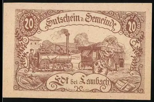 Notgeld Edt bei Lambach 1920, 20 Heller, landwirtschaftliche Szene mit Lokomobil treibt Dreschmaschine an