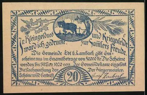 Notgeld Edt bei Lambach 1920, 20 Heller, landwirtschaftliche Szene mit Lokomobil treibt Dreschmaschine an