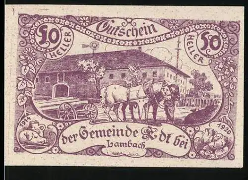 Notgeld Edt bei Lambach 1920, 50 Heller, Pferdefuhrwerk und ländliche Szene