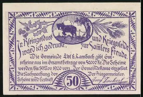 Notgeld Edt bei Lambach 1920, 50 Heller, Pferdefuhrwerk und ländliche Szene