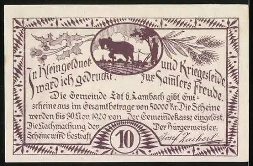 Notgeld Edt bei Lambach 1920, 10 Heller, Trachtenpaare und Bauer mit Pflug