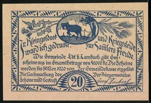 Notgeld Edt bei Lambach 1920, 20 Heller, landwirtschaftliche Szene mit Lokomobil & Dreschmaschine