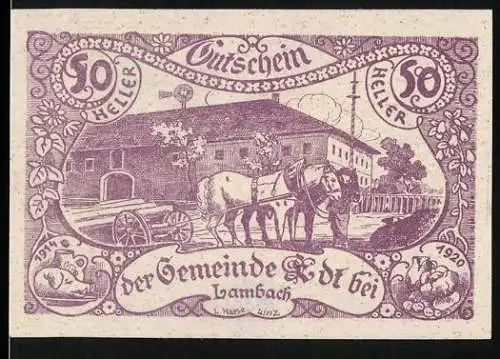 Notgeld Edt bei Lambach 1920, 50 Heller, Pferdegespann vor Bauernhof, Pferdepflug