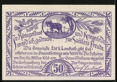 Notgeld Edt bei Lambach 1920, 50 Heller, Pferdegespann vor Bauernhof, Pferdepflug